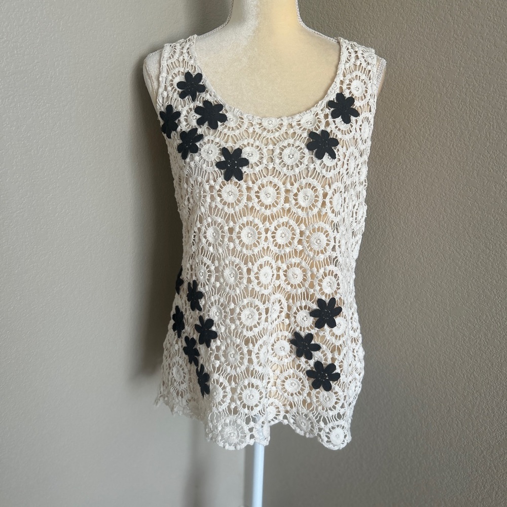 INC cotton Crochet Floral Overlay Tank Top - Cream with Black Flowers